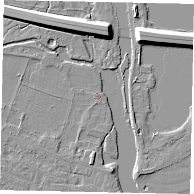 Shaded relief map of the ground around KT168JY, computed from Environment Agency LiDAR. The ground here sits at about 12 m above sea level and falls 10 m across the surrounding 800 m. Surface water reaching this point runs off ground lying to the south, 3.0 m higher.