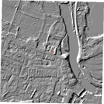 Shaded relief map of the ground around KT168JZ, computed from Environment Agency LiDAR. The ground here sits at about 13 m above sea level and falls 4 m across the surrounding 800 m. Surface water reaching this point runs off ground lying to the east, 2.7 m higher.