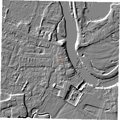 Shaded relief map of the ground around KT168LB, computed from Environment Agency LiDAR. The ground here sits at about 13 m above sea level and falls 4 m across the surrounding 800 m. The ground contributing surface water to this point lies to the north.