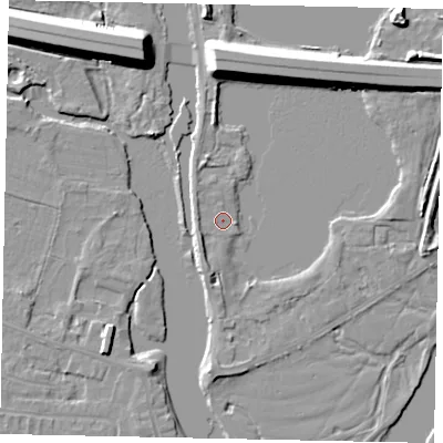 Shaded relief map of the ground around KT168LD, computed from Environment Agency LiDAR. The ground here sits at about 12 m above sea level and falls 10 m across the surrounding 800 m. Surface water reaching this point runs off ground lying to the south-west, 2.8 m higher.