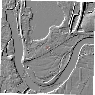 Shaded relief map of the ground around KT168LF, computed from Environment Agency LiDAR. The ground here sits at about 12 m above sea level and falls 10 m across the surrounding 800 m. The ground contributing surface water to this point lies to the east-north-east.