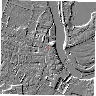 Shaded relief map of the ground around KT168LH, computed from Environment Agency LiDAR. The ground here sits at about 13 m above sea level and falls 4 m across the surrounding 800 m. Surface water reaching this point runs off ground lying to the north-east, 0.6 m higher.