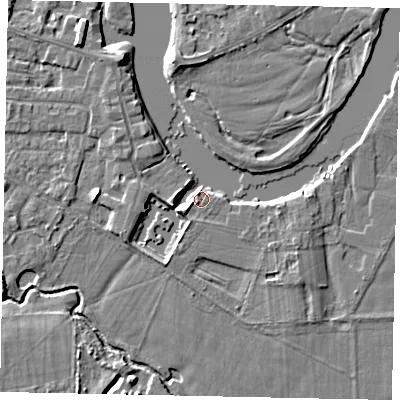 Shaded relief map of the ground around KT168LL, computed from Environment Agency LiDAR. The ground here sits at about 12 m above sea level and falls 5 m across the surrounding 800 m. Surface water reaching this point runs off ground lying to the east, 2.5 m higher.