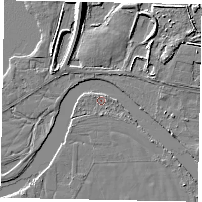 Shaded relief map of the ground around KT168LP, computed from Environment Agency LiDAR. The ground here sits at about 11 m above sea level and falls 10 m across the surrounding 800 m. Surface water reaching this point runs off ground lying to the west-north-west, 1.0 m higher.