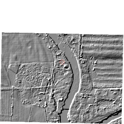 Shaded relief map of the ground around KT168LS, computed from Environment Agency LiDAR. The ground here sits at about 11 m above sea level and falls 4 m across the surrounding 800 m. Surface water reaching this point runs off ground lying to the north, 0.7 m higher.