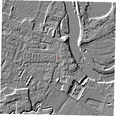 Shaded relief map of the ground around KT168LU, computed from Environment Agency LiDAR. The ground here sits at about 12 m above sea level and falls 4 m across the surrounding 800 m. Surface water reaching this point runs off ground lying to the west-north-west, 2.0 m higher.