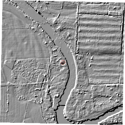 Shaded relief map of the ground around KT168LW, computed from Environment Agency LiDAR. The ground here sits at about 12 m above sea level and falls 4 m across the surrounding 800 m. Surface water reaching this point runs off ground lying to the west, 1.0 m higher.