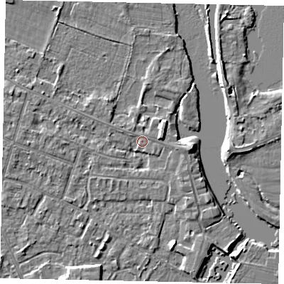 Shaded relief map of the ground around KT168LX, computed from Environment Agency LiDAR. The ground here sits at about 12 m above sea level and falls 4 m across the surrounding 800 m. Surface water reaching this point runs off ground lying to the west, 2.1 m higher.