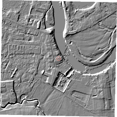 Shaded relief map of the ground around KT168NA, computed from Environment Agency LiDAR. The ground here sits at about 13 m above sea level and falls 4 m across the surrounding 800 m. Surface water reaching this point runs off ground lying to the north, 0.9 m higher.