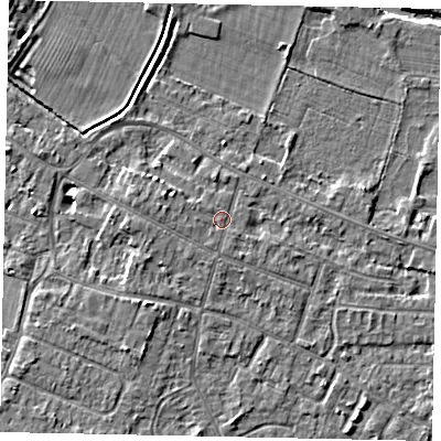 Shaded relief map of the ground around KT168NE, computed from Environment Agency LiDAR. The ground here sits at about 13 m above sea level and falls 4 m across the surrounding 800 m. Surface water reaching this point runs off ground lying to the west-north-west, 1.0 m higher.