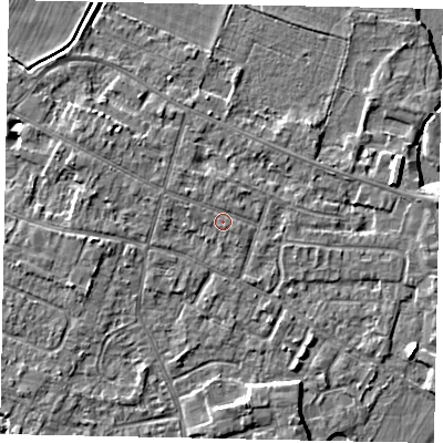 Shaded relief map of the ground around KT168NG, computed from Environment Agency LiDAR. The ground here sits at about 13 m above sea level and falls 4 m across the surrounding 800 m. Surface water reaching this point runs off ground lying to the north-west, 0.9 m higher.