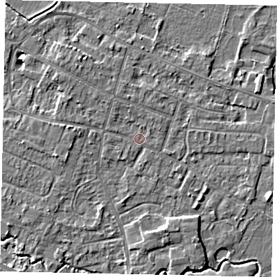 Shaded relief map of the ground around KT168NJ, computed from Environment Agency LiDAR. The ground here sits at about 13 m above sea level and falls 4 m across the surrounding 800 m. Surface water reaching this point runs off ground lying to the north-west, 2.4 m higher.