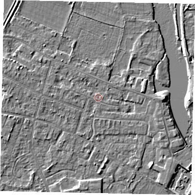 Shaded relief map of the ground around KT168NQ, computed from Environment Agency LiDAR. The ground here sits at about 12 m above sea level and falls 4 m across the surrounding 800 m. Surface water reaching this point runs off ground lying to the west-north-west, 2.0 m higher.