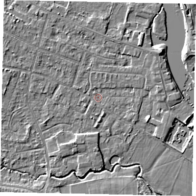 Shaded relief map of the ground around KT168NS, computed from Environment Agency LiDAR. The ground here sits at about 12 m above sea level and falls 4 m across the surrounding 800 m. Surface water reaching this point runs off ground lying to the north-west, 1.8 m higher.