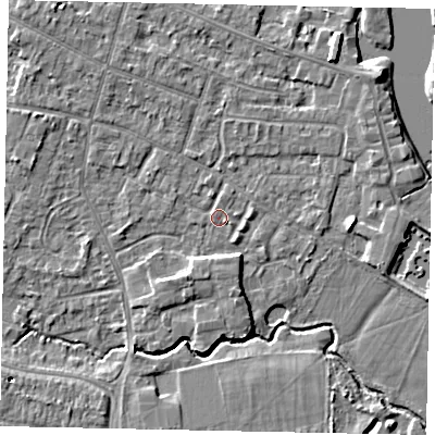 Shaded relief map of the ground around KT168NT, computed from Environment Agency LiDAR. The ground here sits at about 12 m above sea level and falls 6 m across the surrounding 800 m. Surface water reaching this point runs off ground lying to the north-north-west, 0.8 m higher.