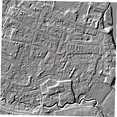 Shaded relief map of the ground around KT168NW, computed from Environment Agency LiDAR. The ground here sits at about 12 m above sea level and falls 6 m across the surrounding 800 m. Surface water reaching this point runs off ground lying to the north-north-west, 1.3 m higher.
