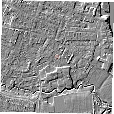 Shaded relief map of the ground around KT168NZ, computed from Environment Agency LiDAR. The ground here sits at about 12 m above sea level and falls 6 m across the surrounding 800 m. Surface water reaching this point runs off ground lying to the south, 3.0 m higher.