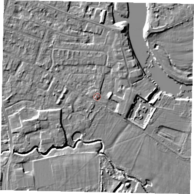 Shaded relief map of the ground around KT168PA, computed from Environment Agency LiDAR. The ground here sits at about 12 m above sea level and falls 5 m across the surrounding 800 m. Surface water reaching this point runs off ground lying to the east, 2.4 m higher.