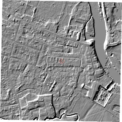 Shaded relief map of the ground around KT168PB, computed from Environment Agency LiDAR. The ground here sits at about 12 m above sea level and falls 4 m across the surrounding 800 m. The ground contributing surface water to this point lies to the north-north-west.