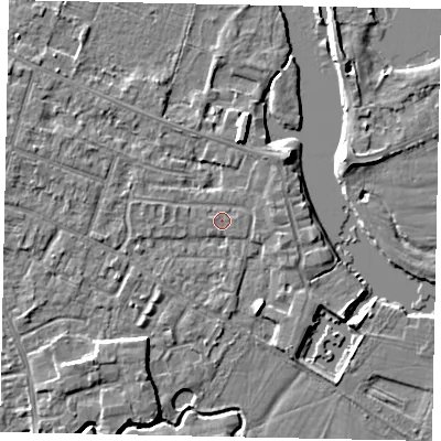 Shaded relief map of the ground around KT168PD, computed from Environment Agency LiDAR. The ground here sits at about 12 m above sea level and falls 4 m across the surrounding 800 m. The ground contributing surface water to this point lies to the east.