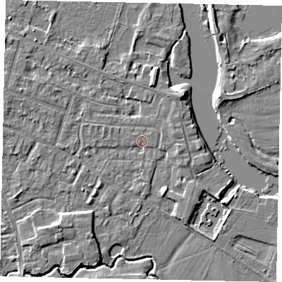 Shaded relief map of the ground around KT168PE, computed from Environment Agency LiDAR. The ground here sits at about 12 m above sea level and falls 4 m across the surrounding 800 m. Surface water reaching this point runs off ground lying to the west-north-west, 1.9 m higher.