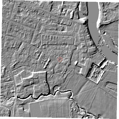 Shaded relief map of the ground around KT168PF, computed from Environment Agency LiDAR. The ground here sits at about 12 m above sea level and falls 5 m across the surrounding 800 m. Surface water reaching this point runs off ground lying to the north-west, 1.9 m higher.