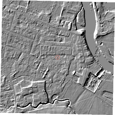 Shaded relief map of the ground around KT168PG, computed from Environment Agency LiDAR. The ground here sits at about 12 m above sea level and falls 4 m across the surrounding 800 m. Surface water reaching this point runs off ground lying to the west-north-west, 1.8 m higher.