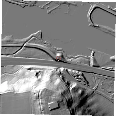 Shaded relief map of the ground around KT168PH, computed from Environment Agency LiDAR. The ground here sits at about 23 m above sea level and falls 57 m across the surrounding 800 m. Surface water reaching this point runs off ground lying to the south-south-west, 0.7 m higher.