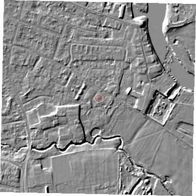 Shaded relief map of the ground around KT168PJ, computed from Environment Agency LiDAR. The ground here sits at about 12 m above sea level and falls 5 m across the surrounding 800 m. Surface water reaching this point runs off ground lying to the south, 0.5 m higher.