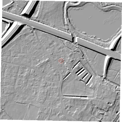 Shaded relief map of the ground around KT168PL, computed from Environment Agency LiDAR. The ground here sits at about 13 m above sea level and falls 12 m across the surrounding 800 m. Surface water reaching this point runs off ground lying to the east, 2.5 m higher.