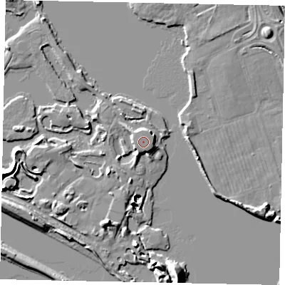 Shaded relief map of the ground around KT168PN, computed from Environment Agency LiDAR. The ground here sits at about 17 m above sea level and falls 14 m across the surrounding 800 m. The ground contributing surface water to this point lies to the west.