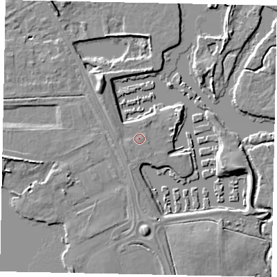 Shaded relief map of the ground around KT168PQ, computed from Environment Agency LiDAR. The ground here sits at about 14 m above sea level and falls 7 m across the surrounding 800 m. Surface water reaching this point runs off ground lying to the north-north-east, 1.0 m higher.