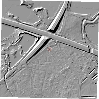 Shaded relief map of the ground around KT168PR, computed from Environment Agency LiDAR. The ground here sits at about 14 m above sea level and falls 11 m across the surrounding 800 m. Surface water reaching this point runs off ground lying to the north-north-east, 1.9 m higher.