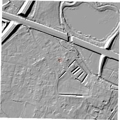 Shaded relief map of the ground around KT168PS, computed from Environment Agency LiDAR. The ground here sits at about 13 m above sea level and falls 12 m across the surrounding 800 m. Surface water reaching this point runs off ground lying to the east, 2.5 m higher.
