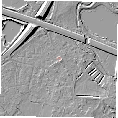 Shaded relief map of the ground around KT168PT, computed from Environment Agency LiDAR. The ground here sits at about 14 m above sea level and falls 11 m across the surrounding 800 m. Surface water reaching this point runs off ground lying to the south-east, 1.5 m higher.