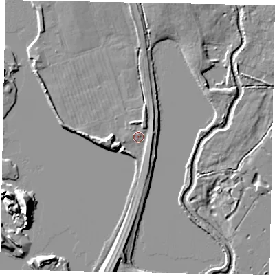 Shaded relief map of the ground around KT168PU, computed from Environment Agency LiDAR. The ground here sits at about 14 m above sea level and falls 12 m across the surrounding 800 m. Surface water reaching this point runs off ground lying to the north-north-east, 1.8 m higher.