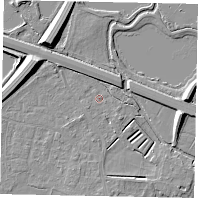 Shaded relief map of the ground around KT168PW, computed from Environment Agency LiDAR. The ground here sits at about 14 m above sea level and falls 11 m across the surrounding 800 m. Surface water reaching this point runs off ground lying to the south-east, 1.1 m higher.