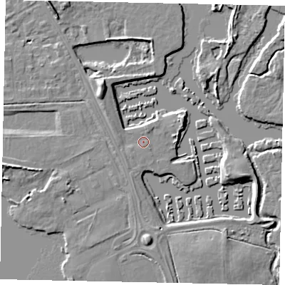 Shaded relief map of the ground around KT168PY, computed from Environment Agency LiDAR. The ground here sits at about 14 m above sea level and falls 7 m across the surrounding 800 m. Surface water reaching this point runs off ground lying to the north-north-east, 1.0 m higher.