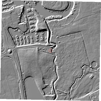 Shaded relief map of the ground around KT168PZ, computed from Environment Agency LiDAR. The ground here sits at about 13 m above sea level and falls 6 m across the surrounding 800 m. Surface water reaching this point runs off ground lying to the north-north-east, 2.5 m higher.