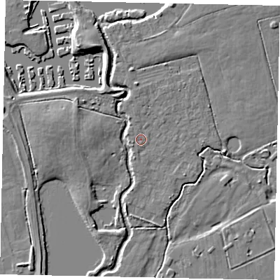 Shaded relief map of the ground around KT168QA, computed from Environment Agency LiDAR. The ground here sits at about 13 m above sea level and falls 6 m across the surrounding 800 m. Surface water reaching this point runs off ground lying to the south-west, 1.0 m higher.