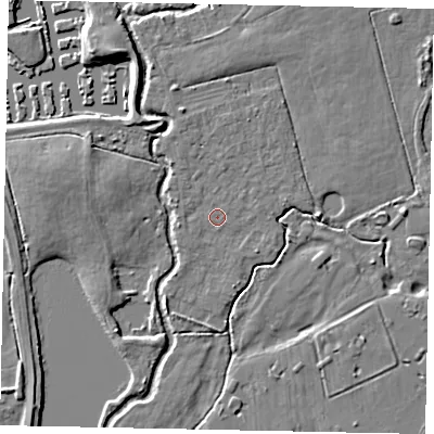 Shaded relief map of the ground around KT168QB, computed from Environment Agency LiDAR. The ground here sits at about 13 m above sea level and falls 6 m across the surrounding 800 m. Surface water reaching this point runs off ground lying to the west-north-west, 1.1 m higher.