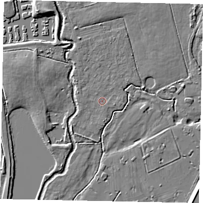 Shaded relief map of the ground around KT168QD, computed from Environment Agency LiDAR. The ground here sits at about 13 m above sea level and falls 9 m across the surrounding 800 m. Surface water reaching this point runs off ground lying to the north-west, 1.1 m higher.