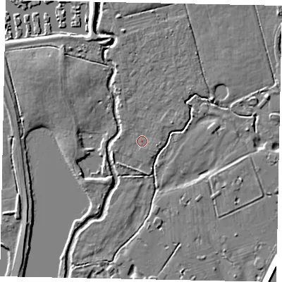 Shaded relief map of the ground around KT168QE, computed from Environment Agency LiDAR. The ground here sits at about 13 m above sea level and falls 8 m across the surrounding 800 m. Surface water reaching this point runs off ground lying to the north-north-west, 1.2 m higher.