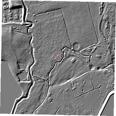 Shaded relief map of the ground around KT168QF, computed from Environment Agency LiDAR. The ground here sits at about 13 m above sea level and falls 9 m across the surrounding 800 m. Surface water reaching this point runs off ground lying to the west-south-west, 0.7 m higher.