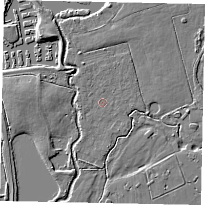 Shaded relief map of the ground around KT168QG, computed from Environment Agency LiDAR. The ground here sits at about 13 m above sea level and falls 6 m across the surrounding 800 m. Surface water reaching this point runs off ground lying to the north-north-west, 0.8 m higher.