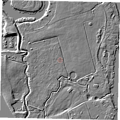 Shaded relief map of the ground around KT168QJ, computed from Environment Agency LiDAR. The ground here sits at about 13 m above sea level and falls 6 m across the surrounding 800 m. Surface water reaching this point runs off ground lying to the west-north-west, 2.3 m higher.