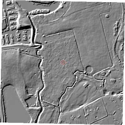 Shaded relief map of the ground around KT168QN, computed from Environment Agency LiDAR. The ground here sits at about 13 m above sea level and falls 6 m across the surrounding 800 m. Surface water reaching this point runs off ground lying to the north-west, 0.8 m higher.