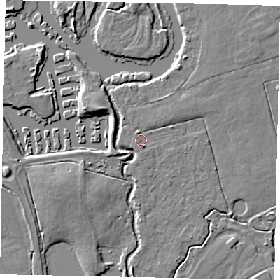 Shaded relief map of the ground around KT168QP, computed from Environment Agency LiDAR. The ground here sits at about 14 m above sea level and falls 6 m across the surrounding 800 m. Surface water reaching this point runs off ground lying to the north-north-west, 1.2 m higher.