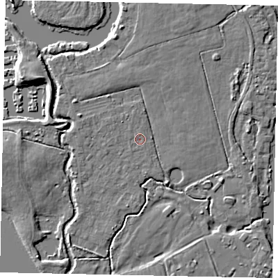 Shaded relief map of the ground around KT168QQ, computed from Environment Agency LiDAR. The ground here sits at about 13 m above sea level and falls 6 m across the surrounding 800 m. Surface water reaching this point runs off ground lying to the north-north-west, 0.5 m higher.