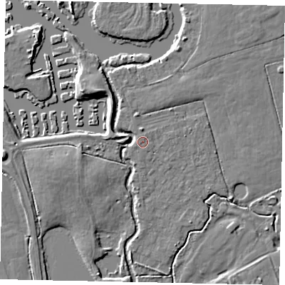 Shaded relief map of the ground around KT168QS, computed from Environment Agency LiDAR. The ground here sits at about 14 m above sea level and falls 6 m across the surrounding 800 m. The ground contributing surface water to this point lies to the north-north-east.